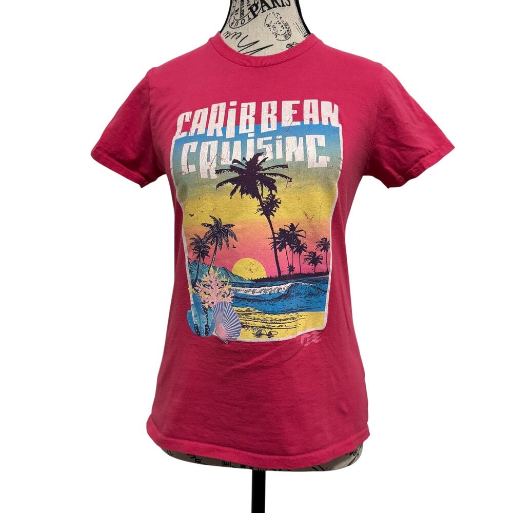 Caribbean Cruising Pink Graphic Tee Womens Size S Tropical Sunset Palm Trees